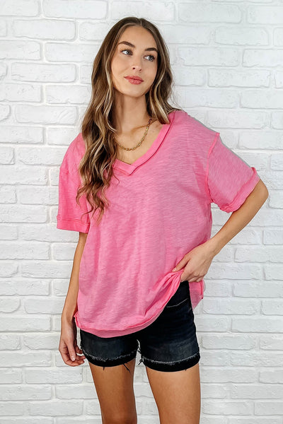 Basic Instinct Drop Shoulder V-Neck Tee in Pink-Womens-Ave Shops-Market Street Nest, Fashionable Clothing, Shoes and Home Décor Located in Mabank, TX