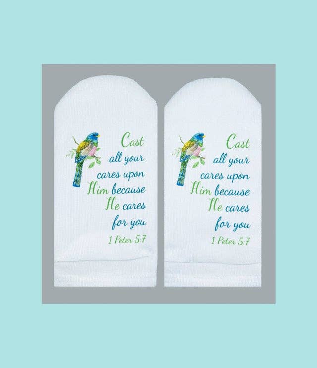 Bible Verse Socks: 1 Peter 5:7 Cast your cares-Standing on the Word-Market Street Nest, Fashionable Clothing, Shoes and Home Décor Located in Mabank, TX