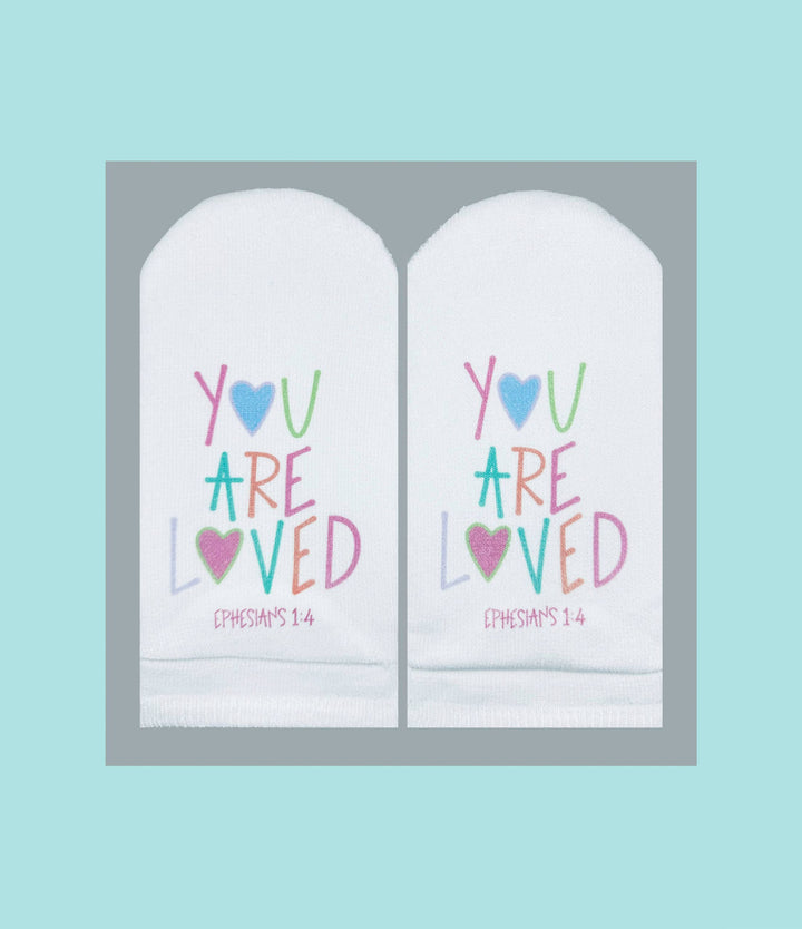 Bible Verse Socks: Ephesians 1:4 You are loved-Standing on the Word-Market Street Nest, Fashionable Clothing, Shoes and Home Décor Located in Mabank, TX