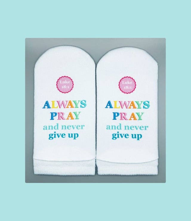 Bible Verse Socks: Luke 18:1 always pray never give up-Standing on the Word-Market Street Nest, Fashionable Clothing, Shoes and Home Décor Located in Mabank, TX