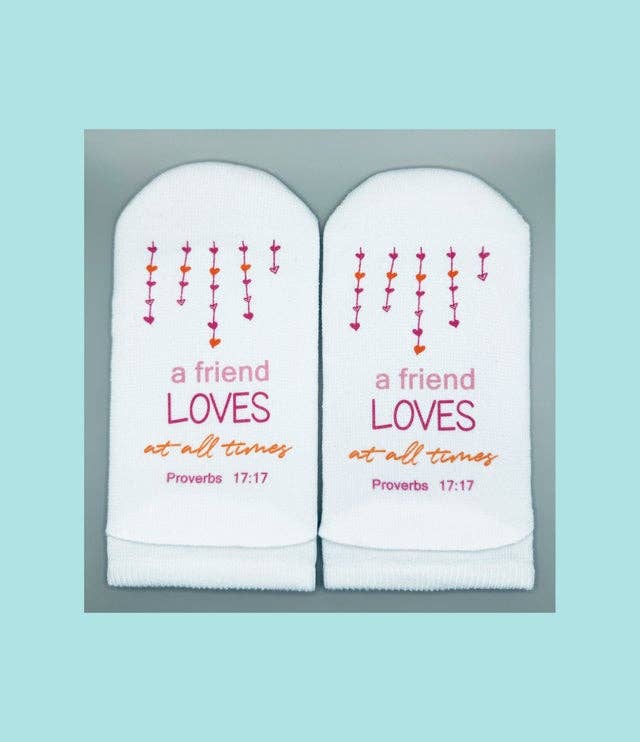 Bible Verse Socks: Proverbs 17:17 friend loves-Standing on the Word-Market Street Nest, Fashionable Clothing, Shoes and Home Décor Located in Mabank, TX