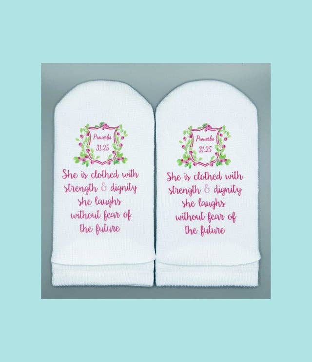 Bible Verse Socks: Proverbs 31:25 She is clothed-Standing on the Word-Market Street Nest, Fashionable Clothing, Shoes and Home Décor Located in Mabank, TX
