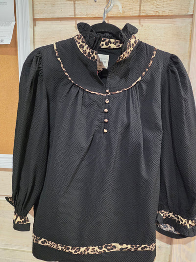 Black Longsleeve Top with Animal Print Accents-Tops-Umgee USA Inc-Market Street Nest, Fashionable Clothing, Shoes and Home Décor Located in Mabank, TX