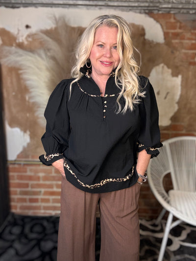 Black Longsleeve Top with Animal Print Accents-Tops-Umgee USA Inc-Market Street Nest, Fashionable Clothing, Shoes and Home Décor Located in Mabank, TX