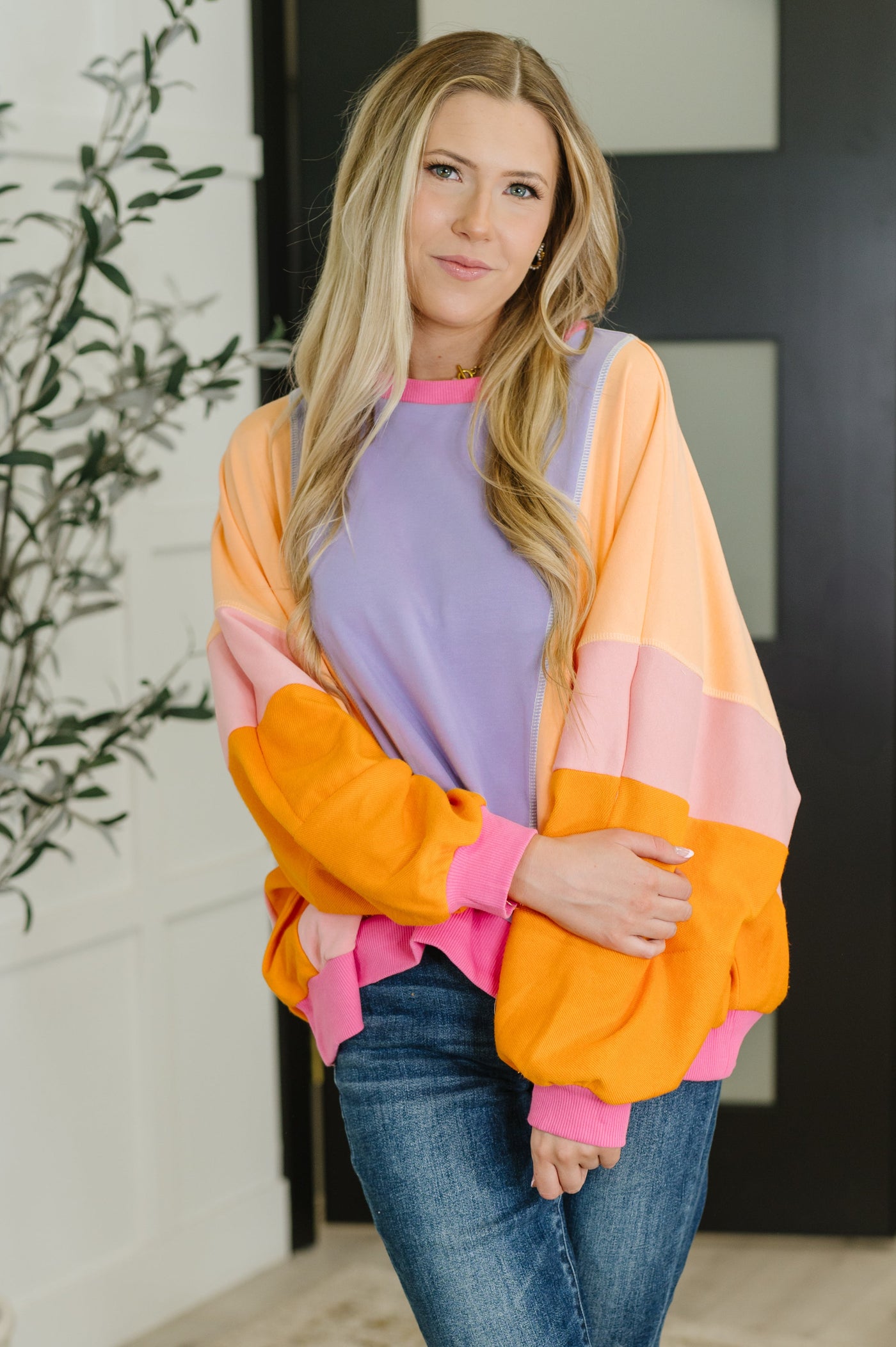Blockbuster Color Block Pullover in Muted-Tops-Ave Shops-Market Street Nest, Fashionable Clothing, Shoes and Home Décor Located in Mabank, TX