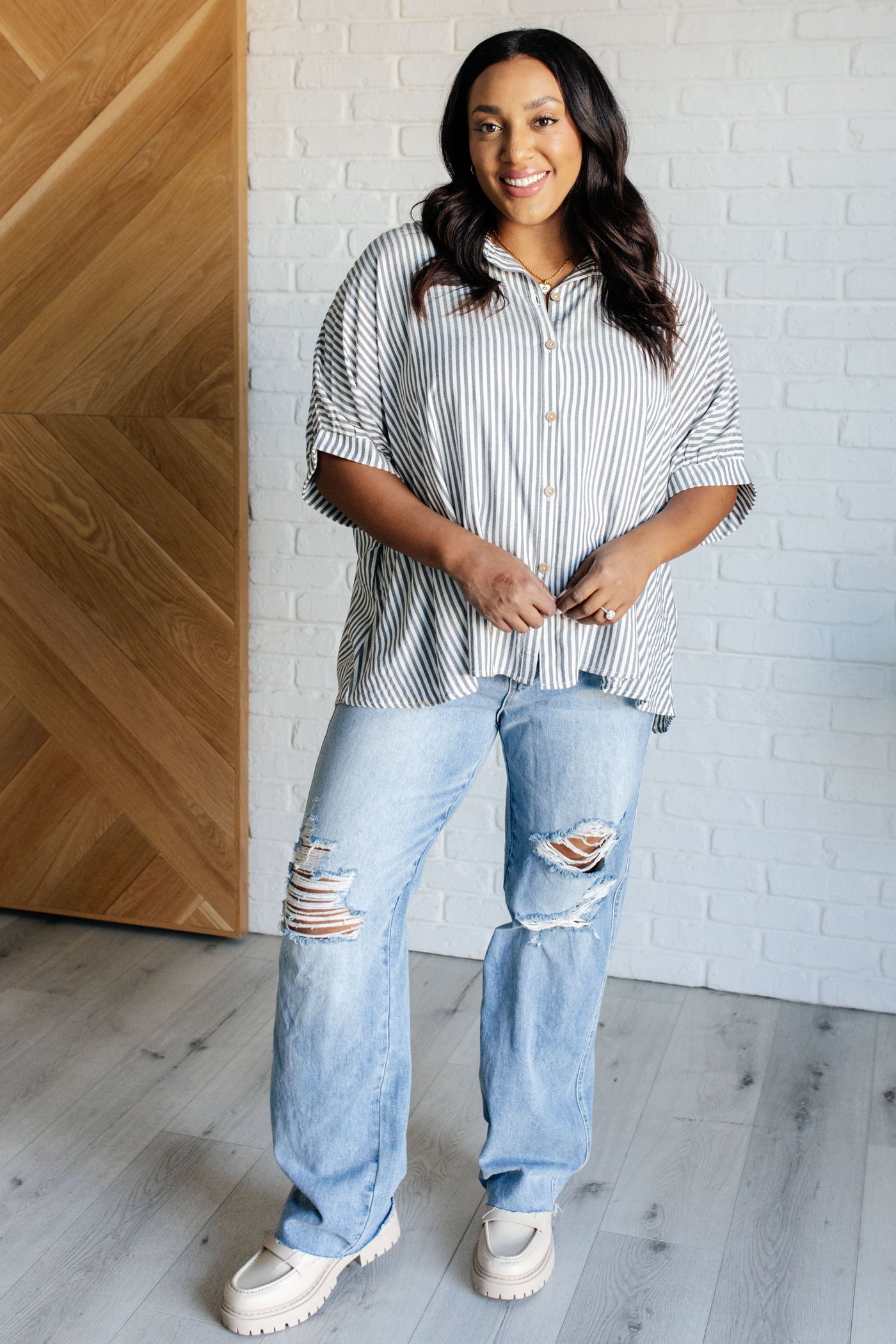 Boxy Striped Button Up in Black-Tops-Ave Shops-Market Street Nest, Fashionable Clothing, Shoes and Home Décor Located in Mabank, TX