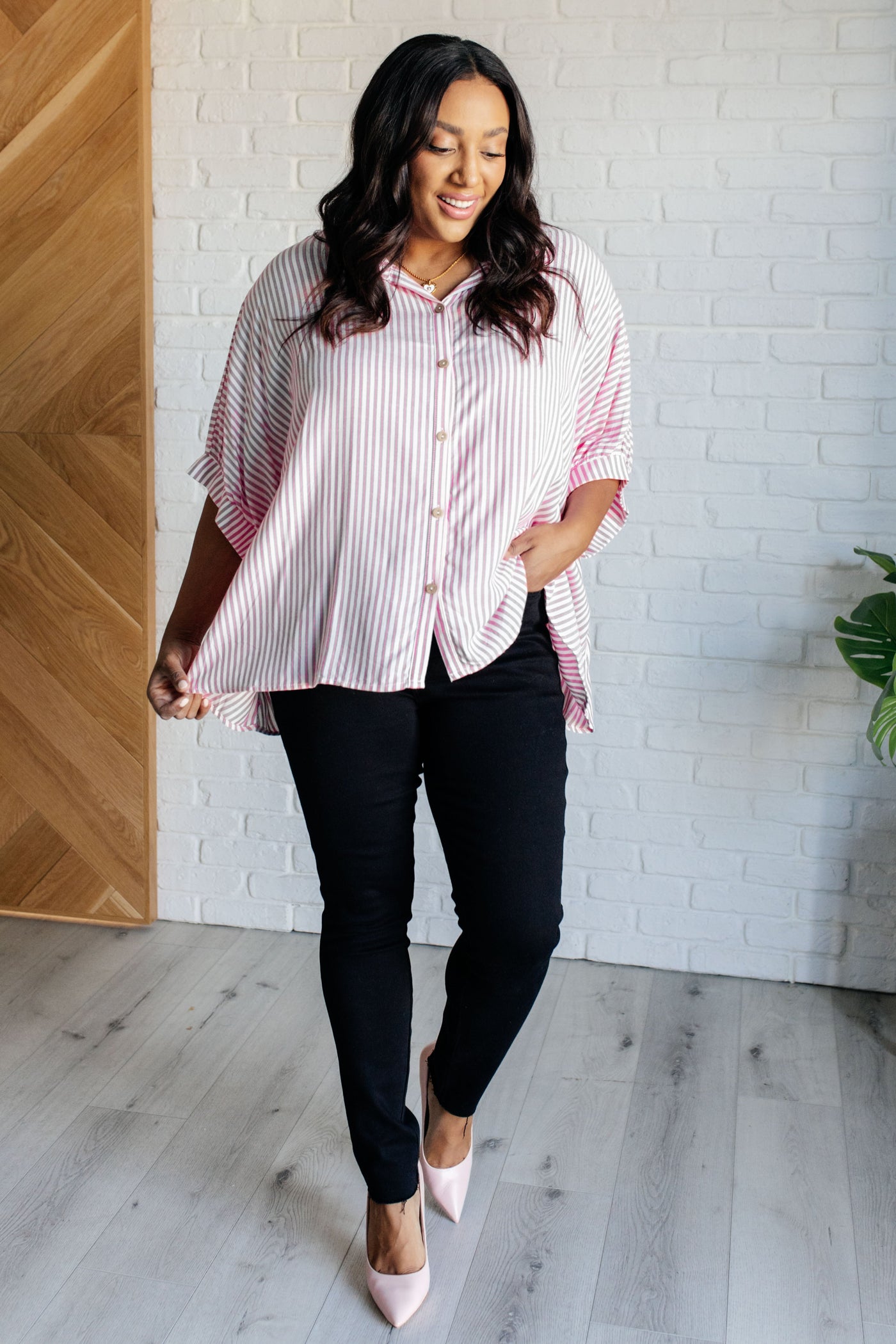 Boxy Striped Button Up in Hot Pink-Tops-Ave Shops-Market Street Nest, Fashionable Clothing, Shoes and Home Décor Located in Mabank, TX