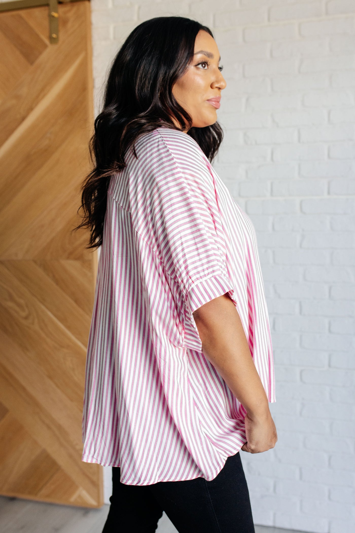 Boxy Striped Button Up in Hot Pink-Tops-Ave Shops-Market Street Nest, Fashionable Clothing, Shoes and Home Décor Located in Mabank, TX