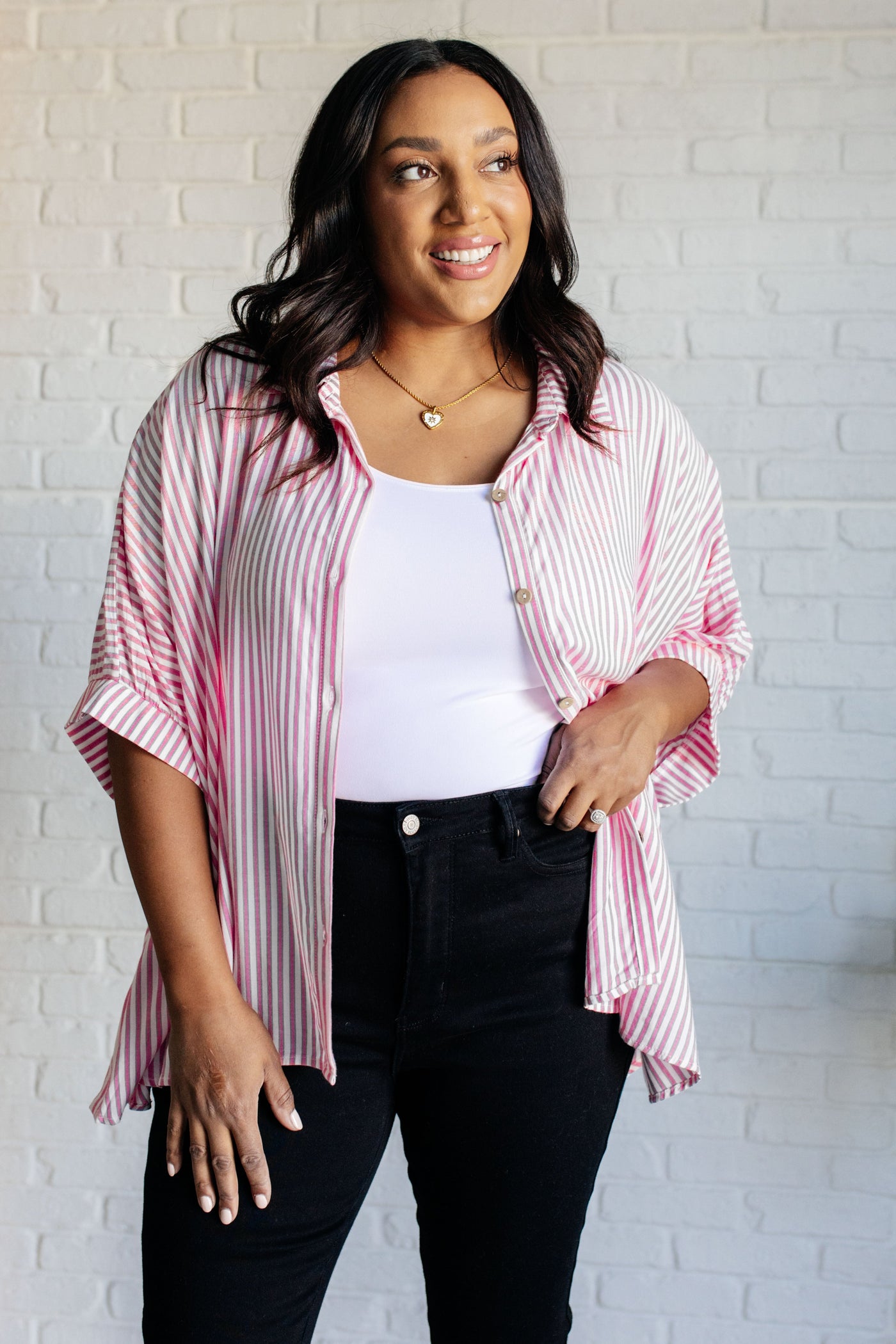 Boxy Striped Button Up in Hot Pink-Tops-Ave Shops-Market Street Nest, Fashionable Clothing, Shoes and Home Décor Located in Mabank, TX