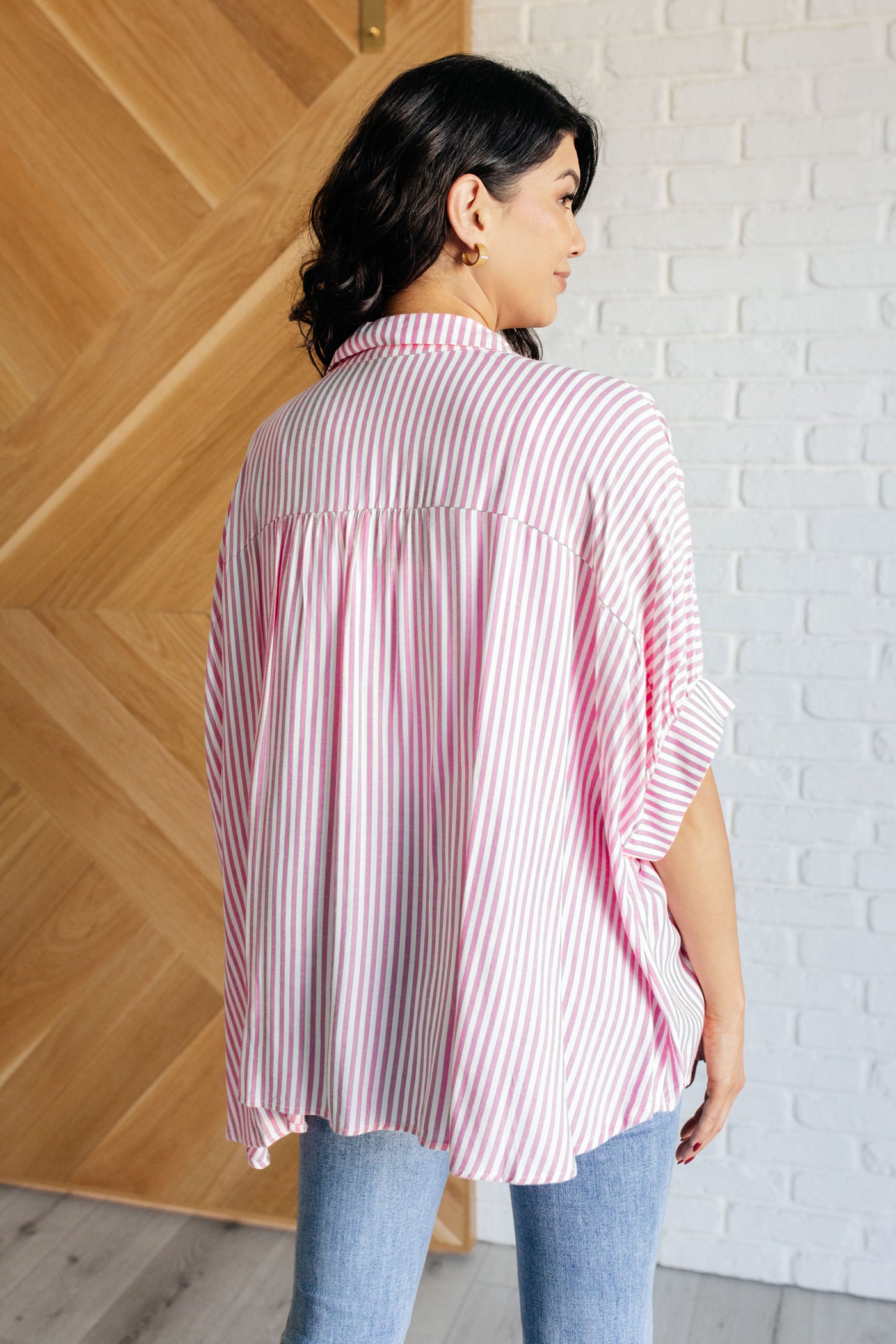 Boxy Striped Button Up in Hot Pink-Tops-Ave Shops-Market Street Nest, Fashionable Clothing, Shoes and Home Décor Located in Mabank, TX