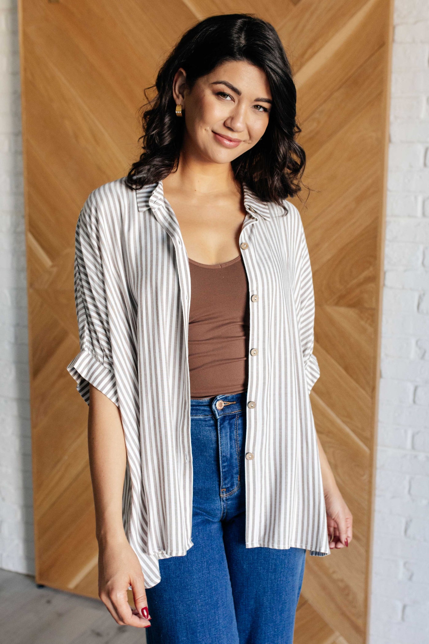 Boxy Striped Button Up in Mocha-Tops-Ave Shops-Market Street Nest, Fashionable Clothing, Shoes and Home Décor Located in Mabank, TX