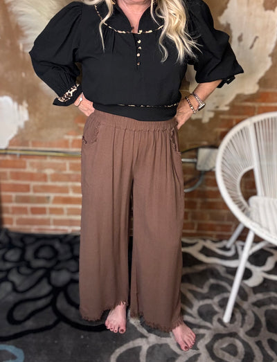 Brown Wide Leg Frayed Pants-Bottoms-Umgee USA Inc-Market Street Nest, Fashionable Clothing, Shoes and Home Décor Located in Mabank, TX