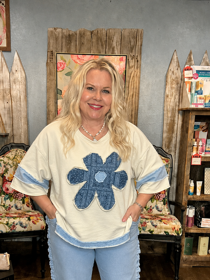 Bubble Half Sleeve Daisy Patch Top in Natural-08-Tops-Easel-Market Street Nest, Fashionable Clothing, Shoes and Home Décor Located in Mabank, TX