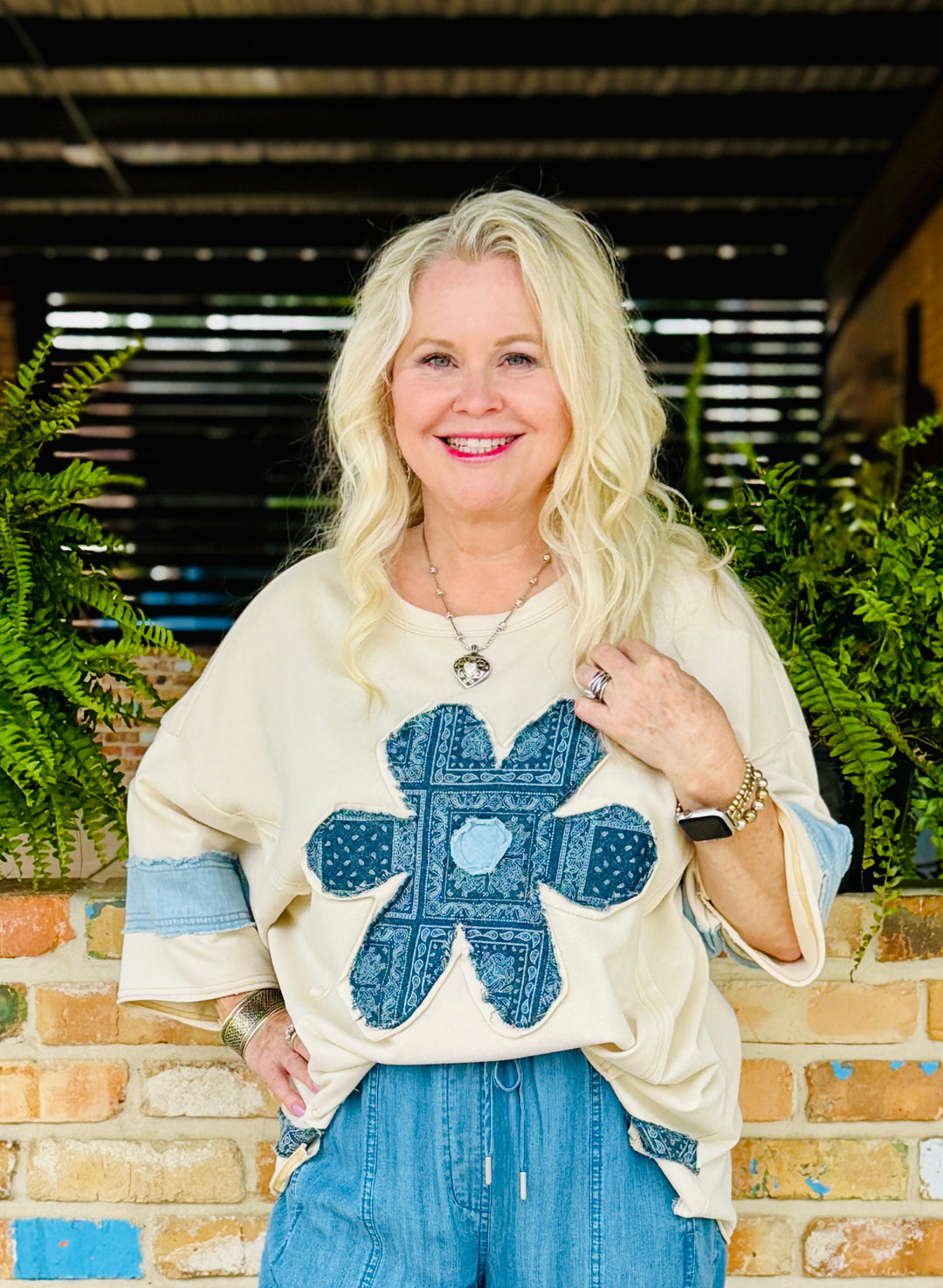 Bubble Half Sleeve Daisy Patch Top in Natural-08-Tops-Easel-Market Street Nest, Fashionable Clothing, Shoes and Home Décor Located in Mabank, TX