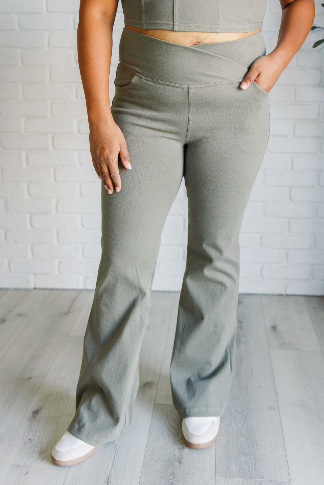 Building Habits Twill Flared Crossover Waist Pant in Dusty Olive-Bottoms-Ave Shops-Market Street Nest, Fashionable Clothing, Shoes and Home Décor Located in Mabank, TX