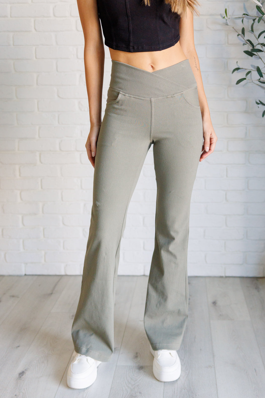 Building Habits Twill Flared Crossover Waist Pant in Dusty Olive-Bottoms-Ave Shops-Market Street Nest, Fashionable Clothing, Shoes and Home Décor Located in Mabank, TX