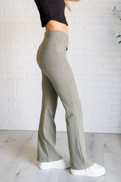 Building Habits Twill Flared Crossover Waist Pant in Dusty Olive-Bottoms-Ave Shops-Market Street Nest, Fashionable Clothing, Shoes and Home Décor Located in Mabank, TX