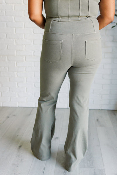 Building Habits Twill Flared Crossover Waist Pant in Dusty Olive-Bottoms-Ave Shops-Market Street Nest, Fashionable Clothing, Shoes and Home Décor Located in Mabank, TX