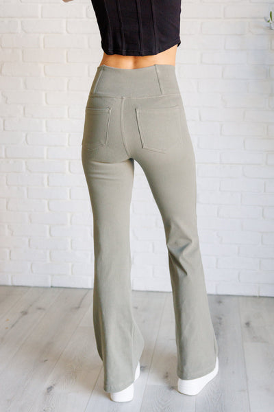 Building Habits Twill Flared Crossover Waist Pant in Dusty Olive-Bottoms-Ave Shops-Market Street Nest, Fashionable Clothing, Shoes and Home Décor Located in Mabank, TX