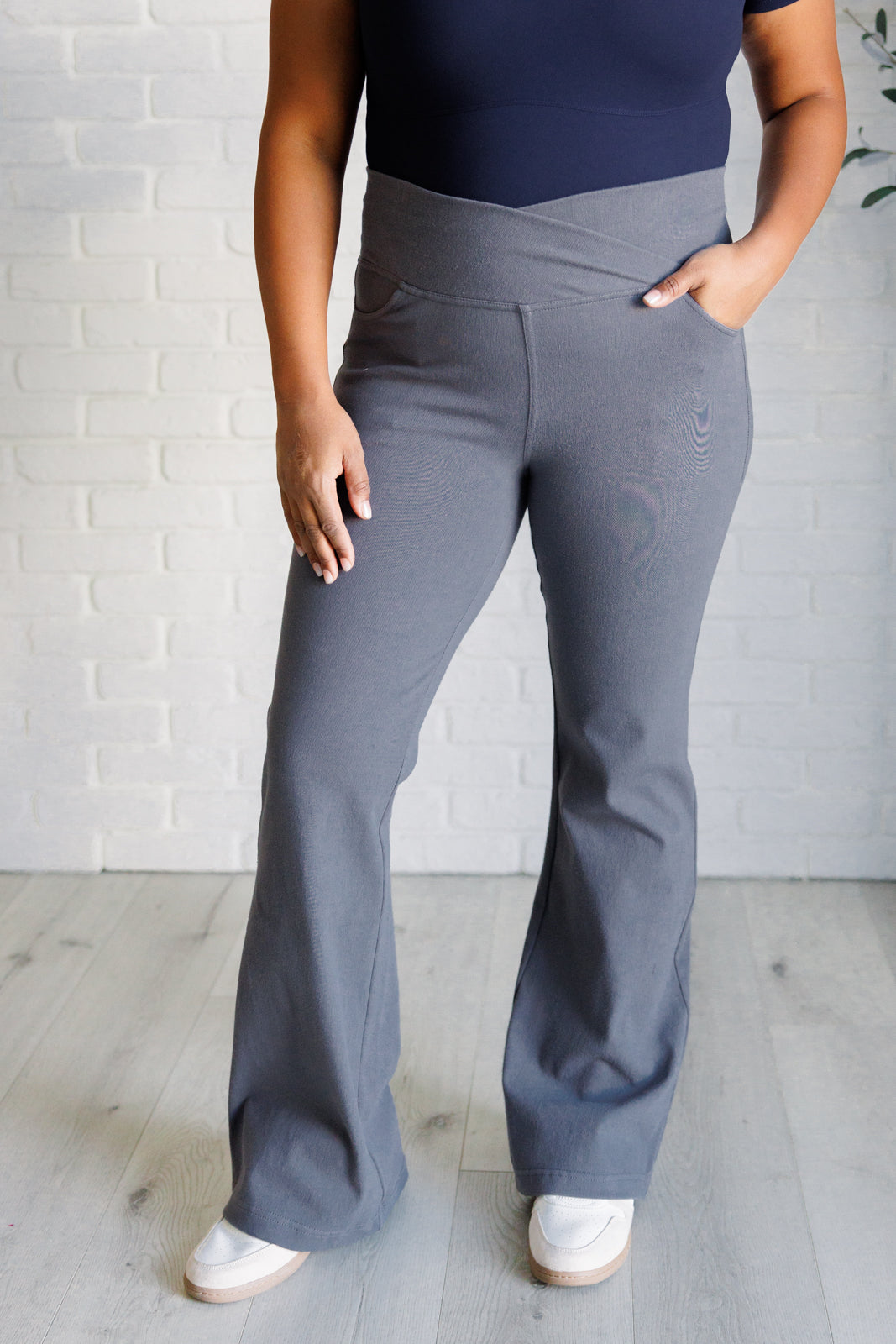 Building Habits Twill Flared Crossover Waist Pant in Titanium-Bottoms-Ave Shops-Market Street Nest, Fashionable Clothing, Shoes and Home Décor Located in Mabank, TX