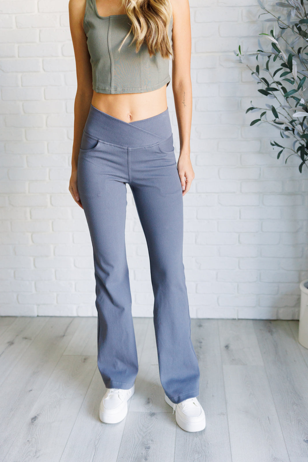 Building Habits Twill Flared Crossover Waist Pant in Titanium-Bottoms-Ave Shops-Market Street Nest, Fashionable Clothing, Shoes and Home Décor Located in Mabank, TX