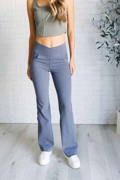 Building Habits Twill Flared Crossover Waist Pant in Titanium-Bottoms-Ave Shops-Market Street Nest, Fashionable Clothing, Shoes and Home Décor Located in Mabank, TX