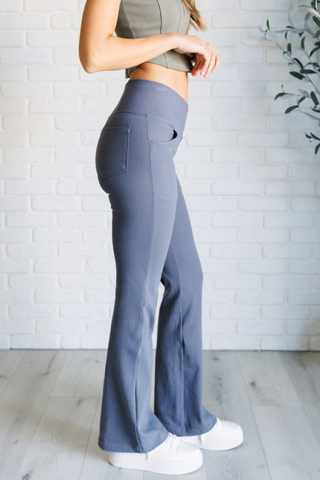 Building Habits Twill Flared Crossover Waist Pant in Titanium-Bottoms-Ave Shops-Market Street Nest, Fashionable Clothing, Shoes and Home Décor Located in Mabank, TX