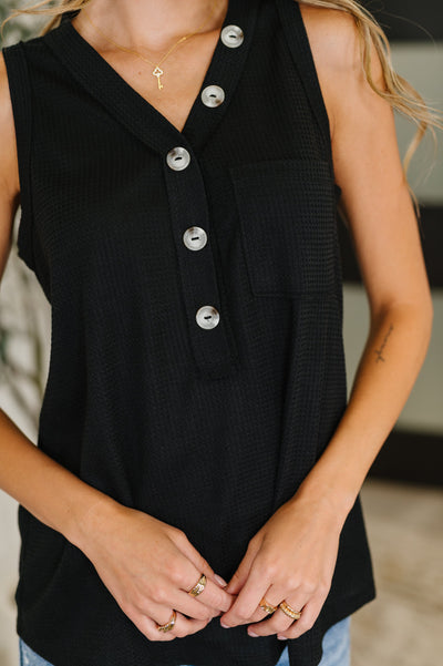 Buttoned Up Buttercup Sleeveless Top in Black-Womens-Ave Shops-Market Street Nest, Fashionable Clothing, Shoes and Home Décor Located in Mabank, TX