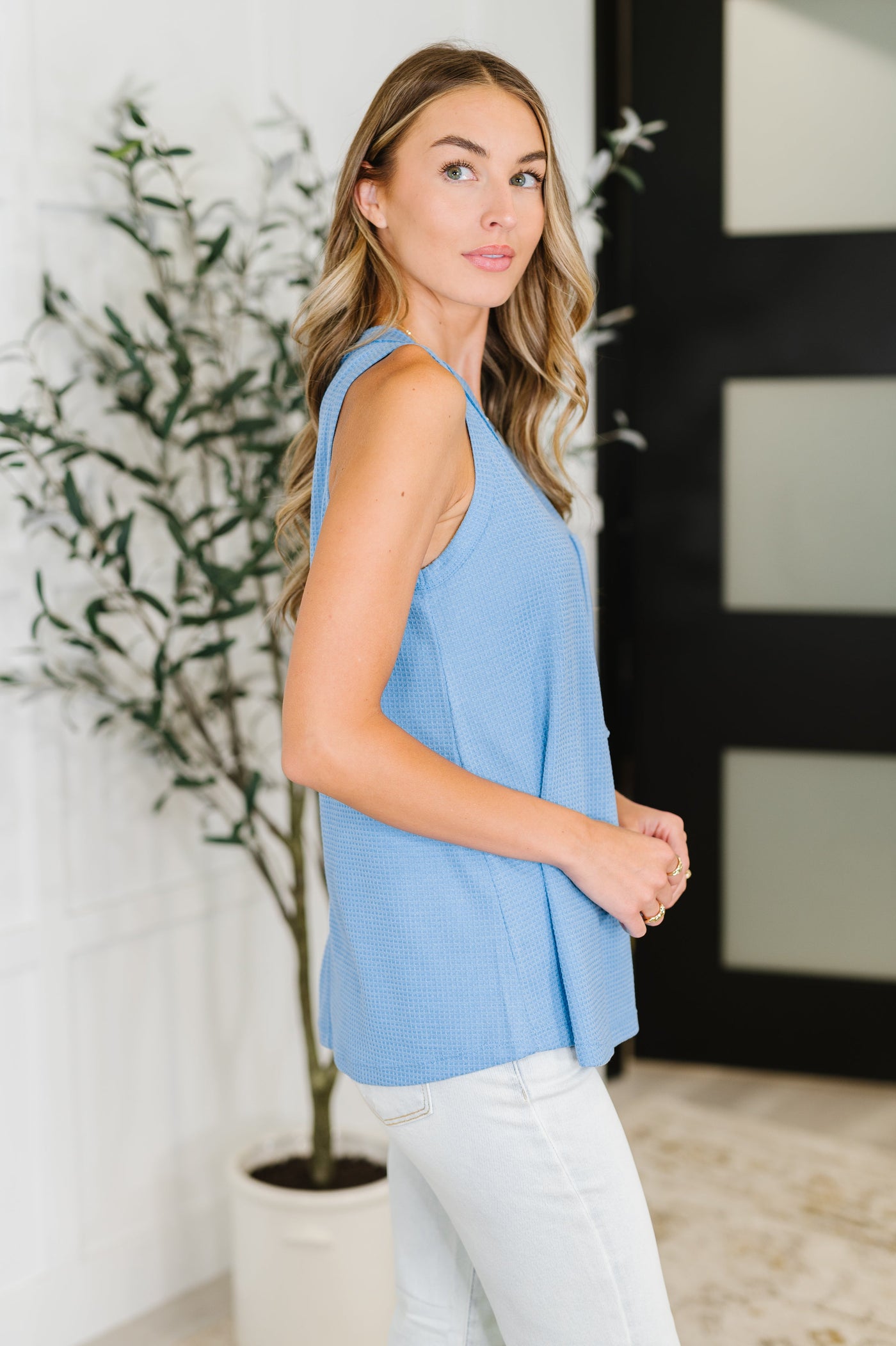 Buttoned Up Buttercup Sleeveless Top in Ocean Blue-Womens-Ave Shops-Market Street Nest, Fashionable Clothing, Shoes and Home Décor Located in Mabank, TX