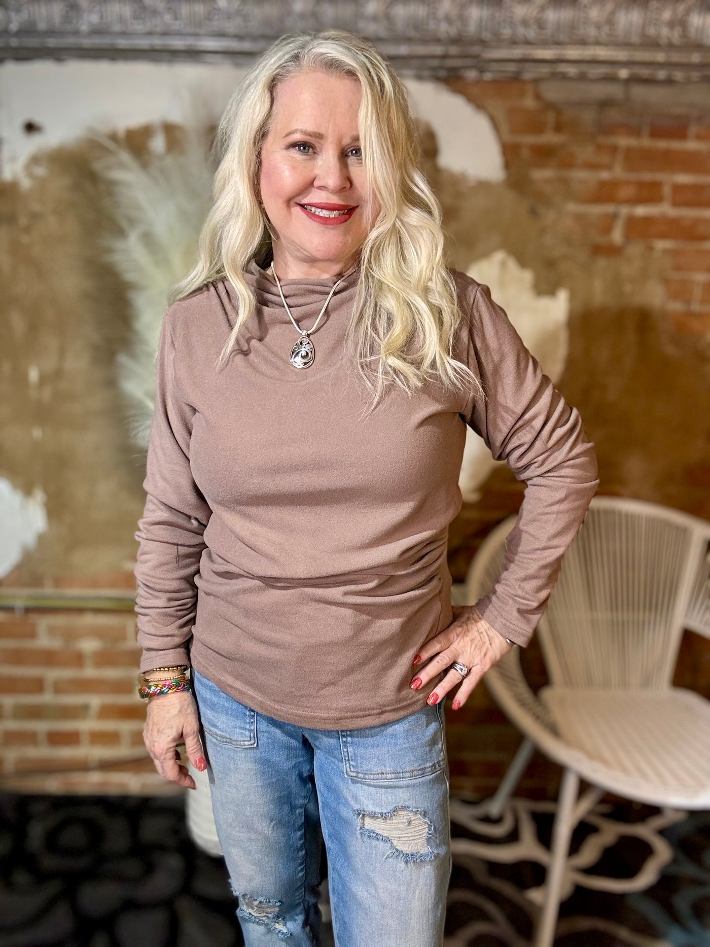 Front View. Mock Neck Brushed Knit Top in Mocha-Tops-Easel-Market Street Nest, Fashionable Clothing, Shoes and Home Décor Located in Mabank, TX