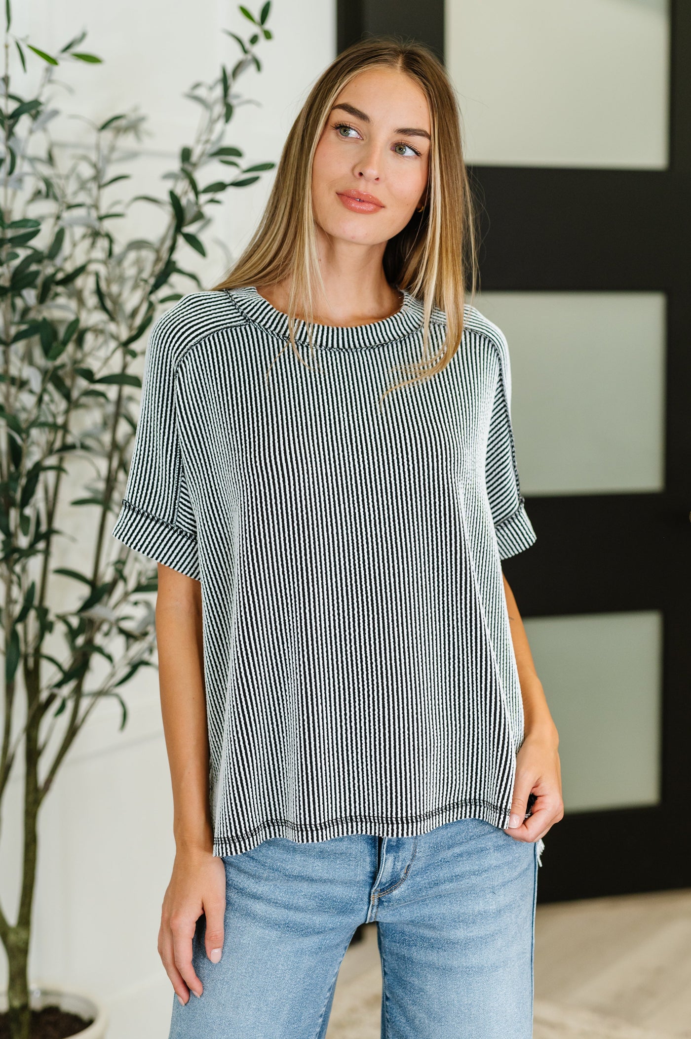 Catch Me Loungin’ Cable Ribbed Knit Top in Black and White-Womens-Ave Shops-Market Street Nest, Fashionable Clothing, Shoes and Home Décor Located in Mabank, TX