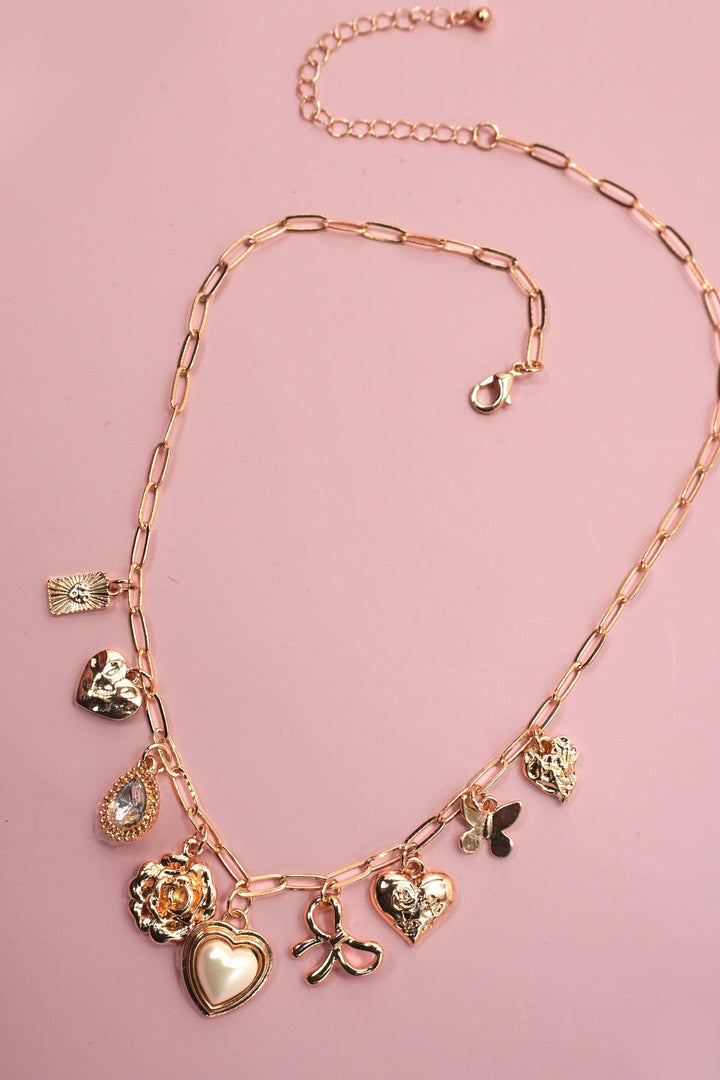 CHARM NECKLACE-BOW HEART RHINESTONE FLOWER | 80N91405-JOSSLYN by wall to wall-Market Street Nest, Fashionable Clothing, Shoes and Home Décor Located in Mabank, TX