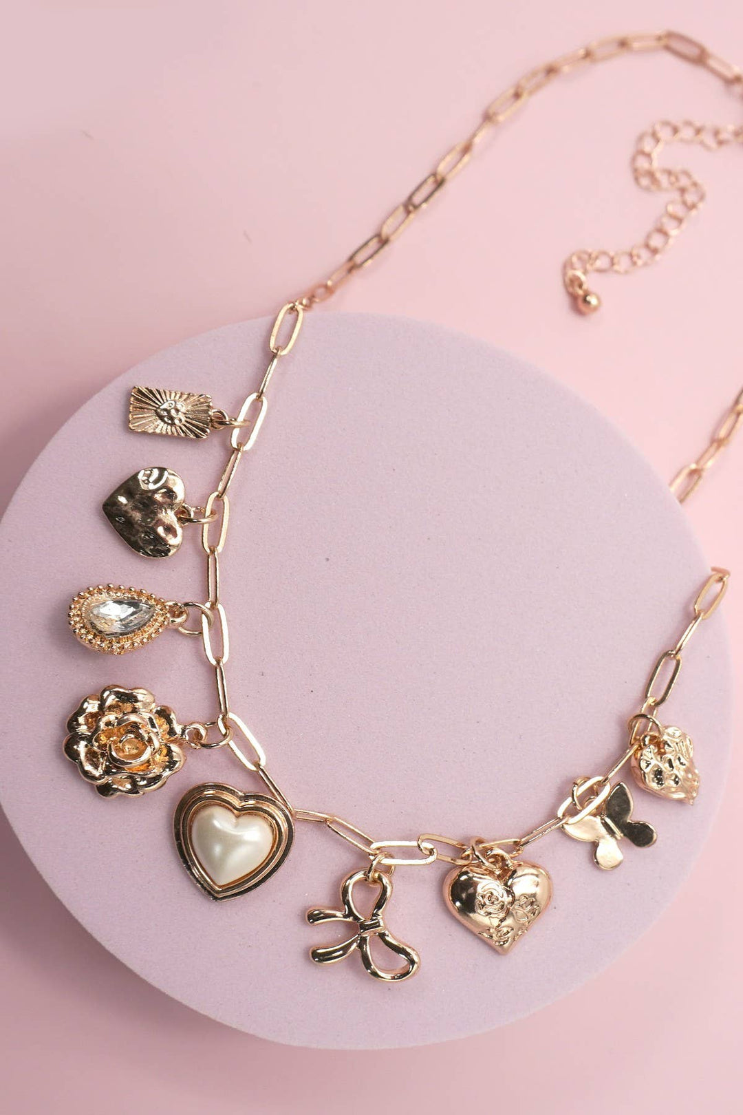 CHARM NECKLACE-BOW HEART RHINESTONE FLOWER | 80N91405-JOSSLYN by wall to wall-Market Street Nest, Fashionable Clothing, Shoes and Home Décor Located in Mabank, TX