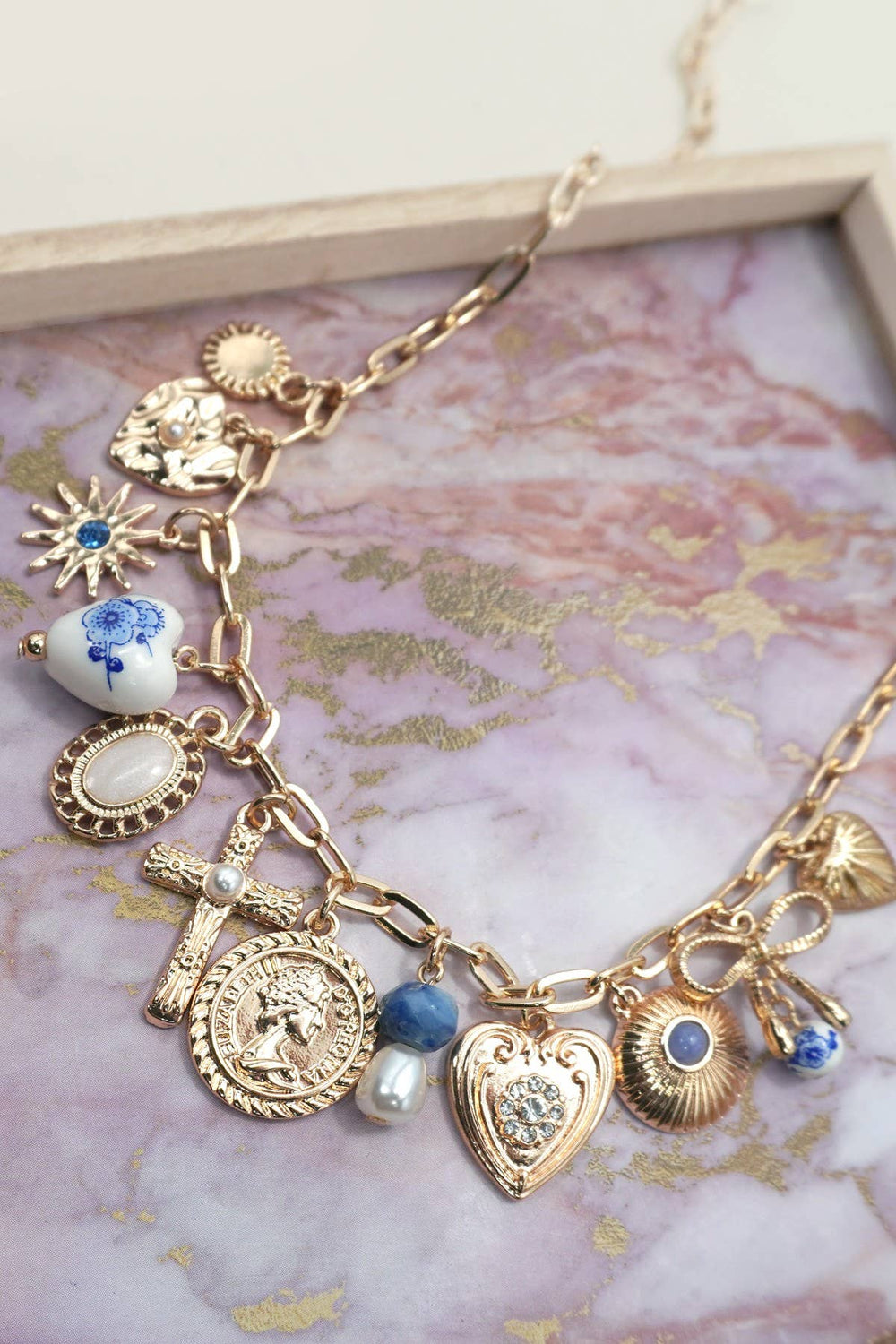CHARM NECKLACE-PORCELAIN HEARTS CROSS NECKLACE | 80N91593-JOSSLYN by wall to wall-Market Street Nest, Fashionable Clothing, Shoes and Home Décor Located in Mabank, TX