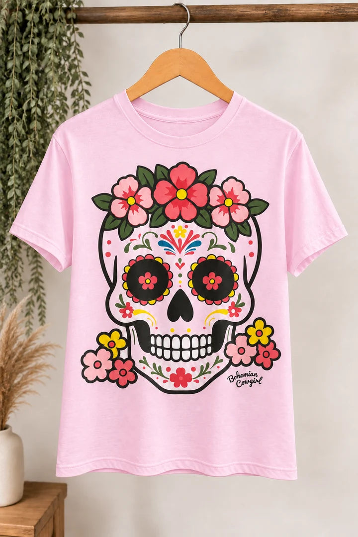 Sugar Skull Pink Tee With Stones-08-Tops-Bohemian Cowgirl-Market Street Nest, Fashionable Clothing, Shoes and Home Décor Located in Mabank, TX