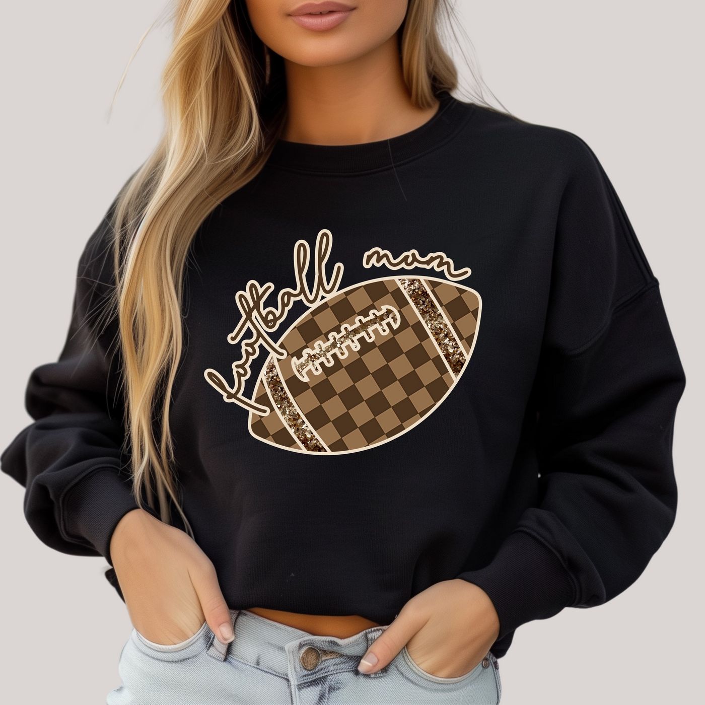 Check Football Mom in Black Sweatshirt-Womens-Ave Shops-Market Street Nest, Fashionable Clothing, Shoes and Home Décor Located in Mabank, TX