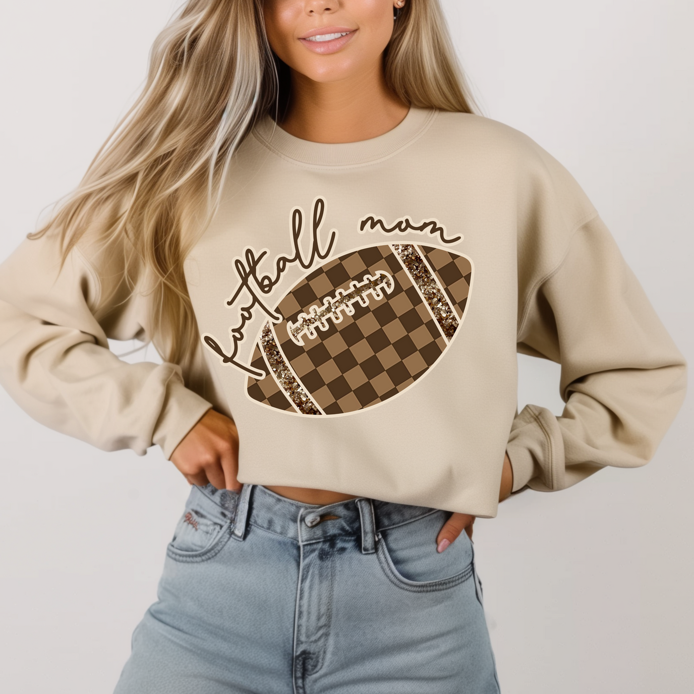 Check Football Mom in Sand Sweatshirt-Womens-Ave Shops-Market Street Nest, Fashionable Clothing, Shoes and Home Décor Located in Mabank, TX