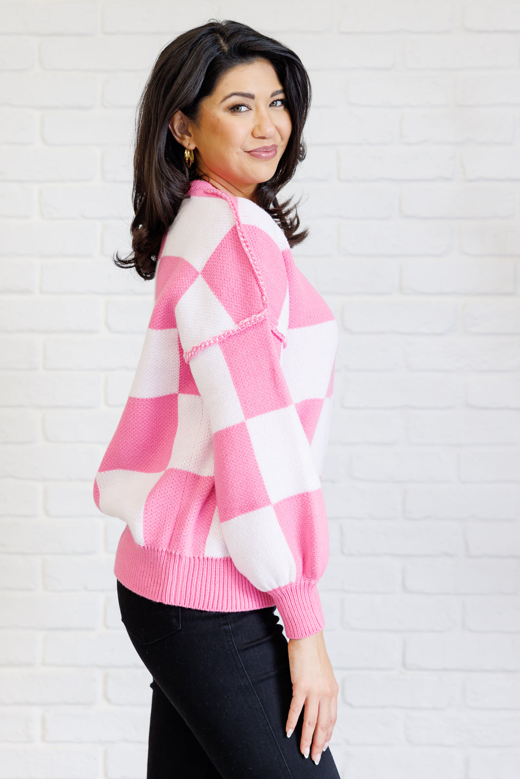 Check Yourself Checkered Sweater in Pink-Tops-Ave Shops-Market Street Nest, Fashionable Clothing, Shoes and Home Décor Located in Mabank, TX