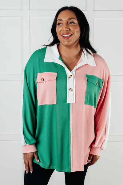 Chip Off the Old Colorblock V-Neck Henley in Green-Tops-Ave Shops-Market Street Nest, Fashionable Clothing, Shoes and Home Décor Located in Mabank, TX