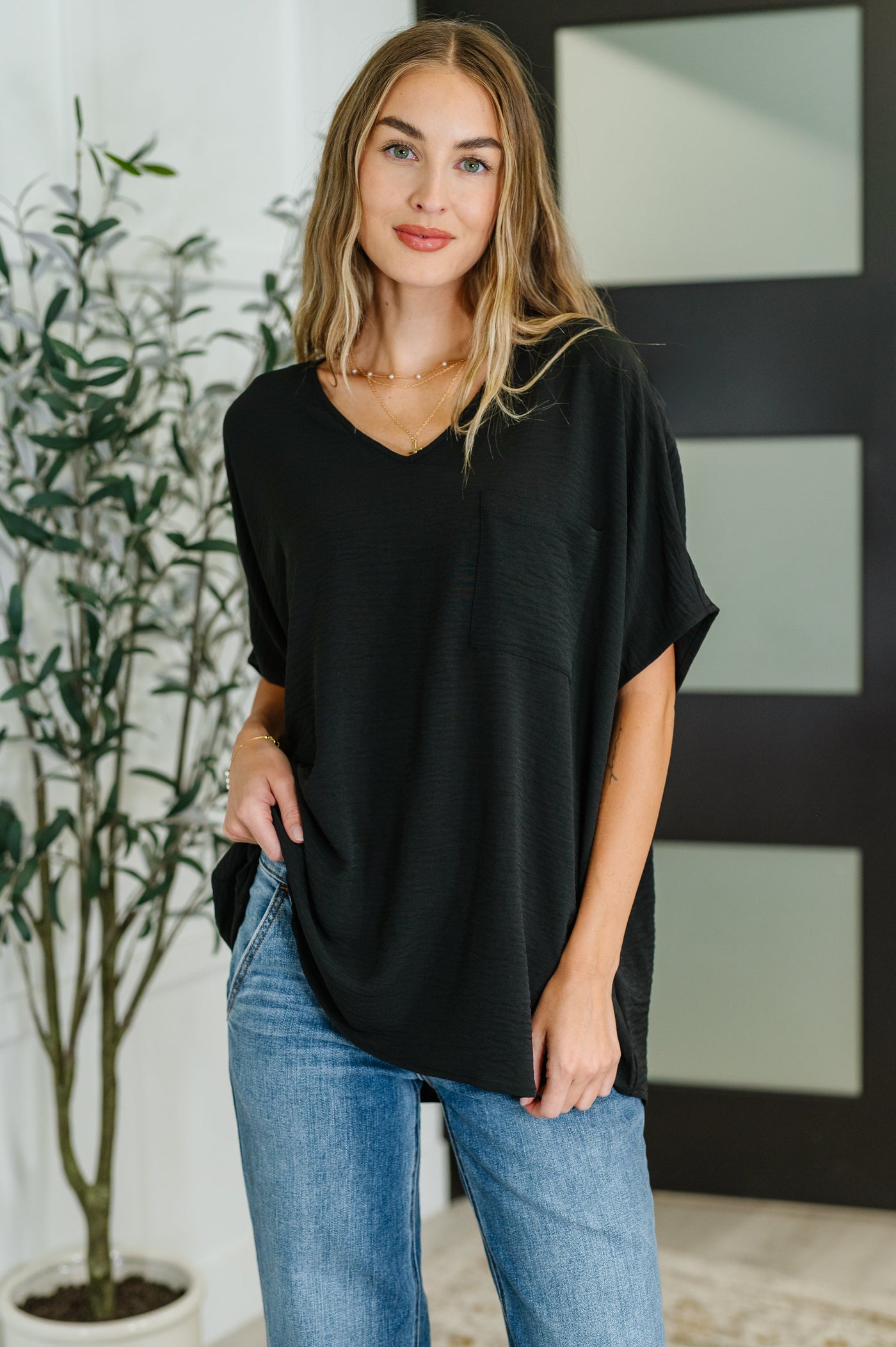 Coastal Ease V-Neck Top in Black-Womens-Ave Shops-Market Street Nest, Fashionable Clothing, Shoes and Home Décor Located in Mabank, TX