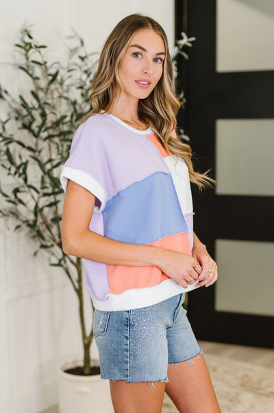 Contrast Club Color Block Top in Lilac, Orange and Denim-Womens-Ave Shops-Market Street Nest, Fashionable Clothing, Shoes and Home Décor Located in Mabank, TX
