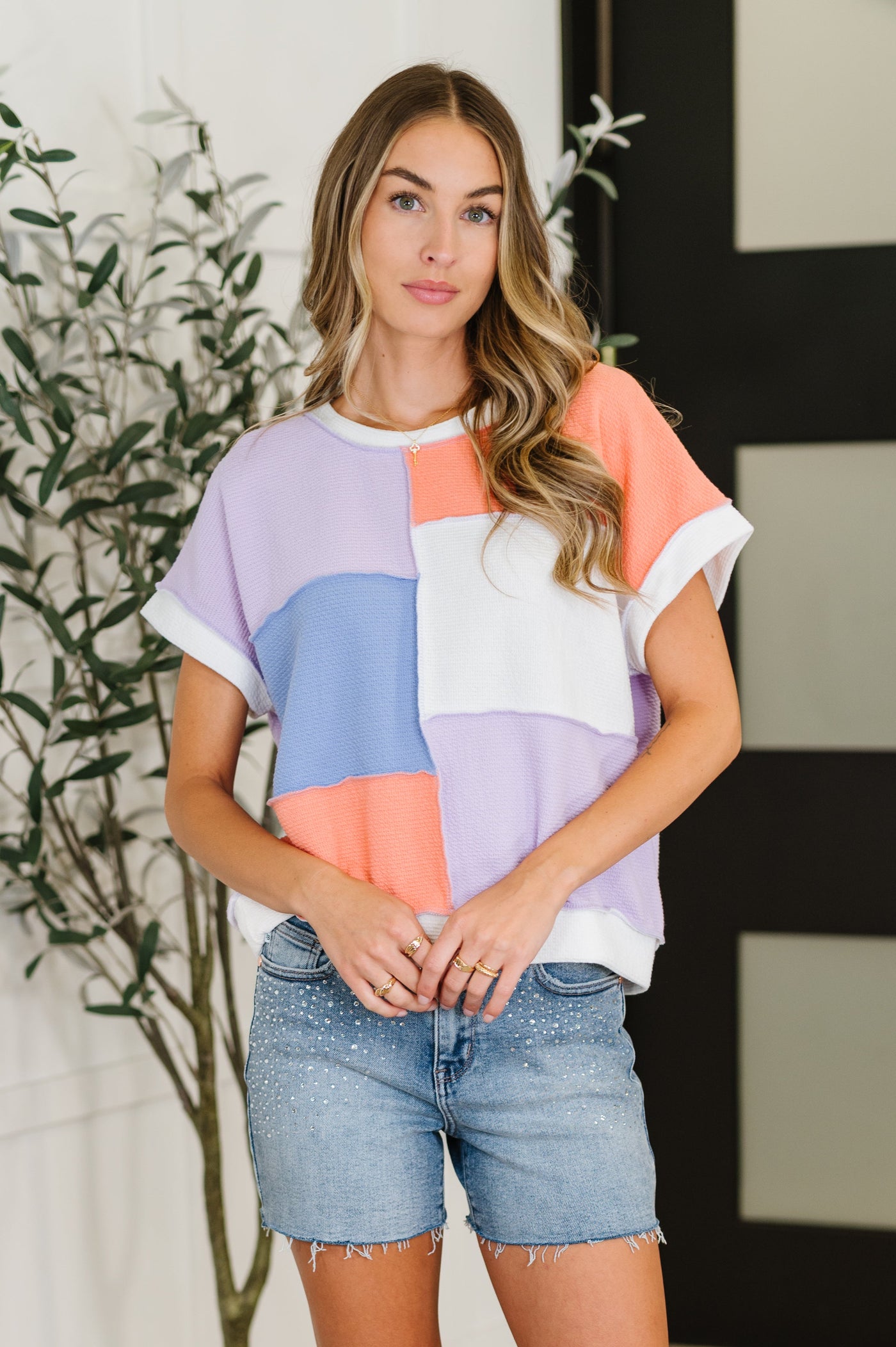 Contrast Club Color Block Top in Lilac, Orange and Denim-Womens-Ave Shops-Market Street Nest, Fashionable Clothing, Shoes and Home Décor Located in Mabank, TX