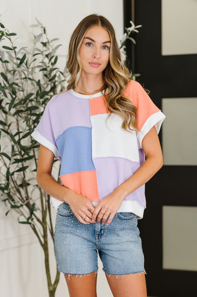 Contrast Club Color Block Top in Lilac, Orange and Denim-Womens-Ave Shops-Market Street Nest, Fashionable Clothing, Shoes and Home Décor Located in Mabank, TX