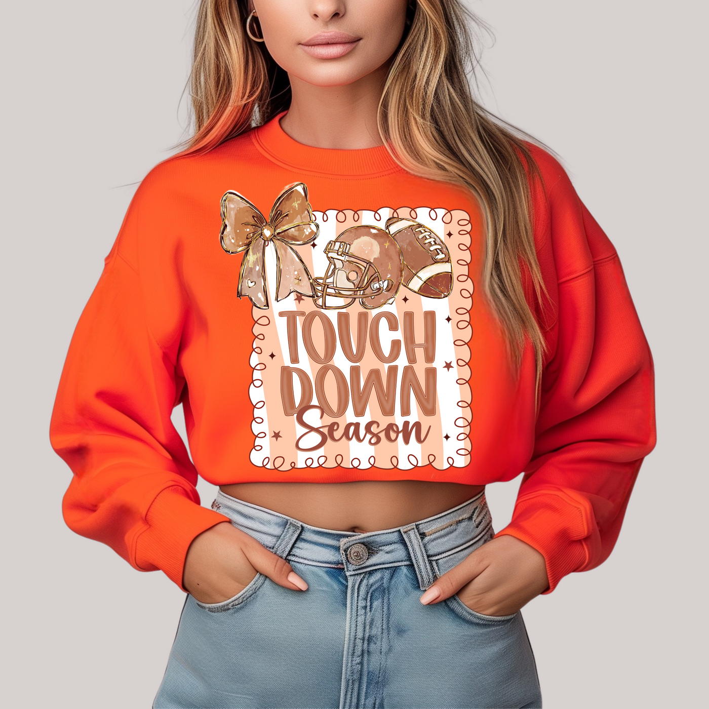 Coquette Touchdown Season in Orange Sweatshirt-Womens-Ave Shops-Market Street Nest, Fashionable Clothing, Shoes and Home Décor Located in Mabank, TX