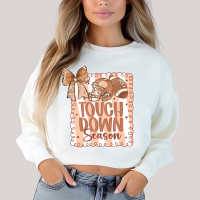 Coquette Touchdown Season in White Sweatshirt-Womens-Ave Shops-Market Street Nest, Fashionable Clothing, Shoes and Home Décor Located in Mabank, TX