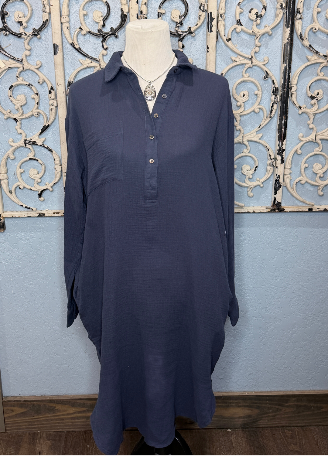 Cotton Gauze Half Button Up Midi Shirt Dress - Navy-10-Dresses, Rompers &amp; Sets-BEFORE YOU COLLECTION-Market Street Nest, Fashionable Clothing, Shoes and Home Décor Located in Mabank, TX