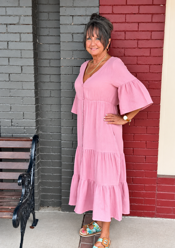 Cotton Gauze Tiered Button Up Midi Dress-10-Dresses, Rompers &amp; Sets-BEFORE YOU COLLECTION-Market Street Nest, Fashionable Clothing, Shoes and Home Décor Located in Mabank, TX
