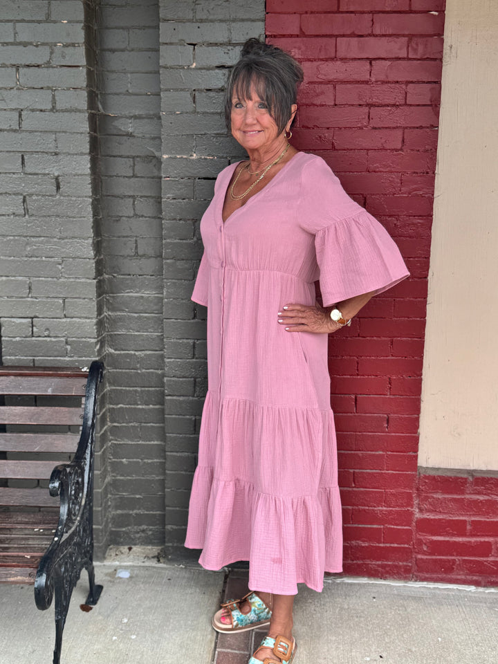 Cotton Gauze Tiered Button Up Midi Dress-10-Dresses, Rompers &amp; Sets-BEFORE YOU COLLECTION-Market Street Nest, Fashionable Clothing, Shoes and Home Décor Located in Mabank, TX
