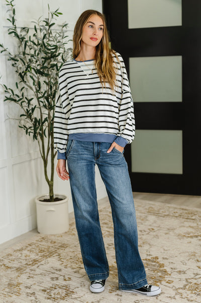 Cute in Comfort Crew Neck Pullover in White, Black and Denim-Womens-Ave Shops-Market Street Nest, Fashionable Clothing, Shoes and Home Décor Located in Mabank, TX
