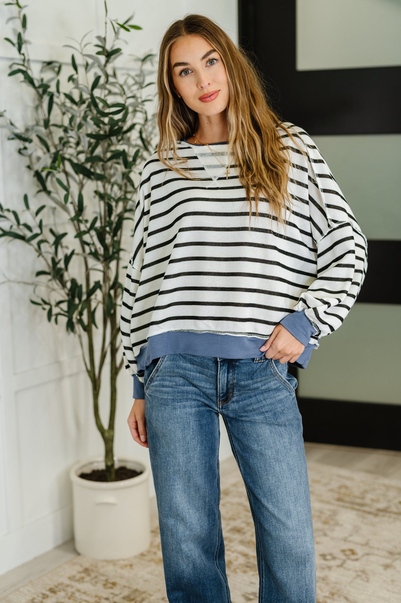 Cute in Comfort Crew Neck Pullover in White, Black and Denim-Womens-Ave Shops-Market Street Nest, Fashionable Clothing, Shoes and Home Décor Located in Mabank, TX